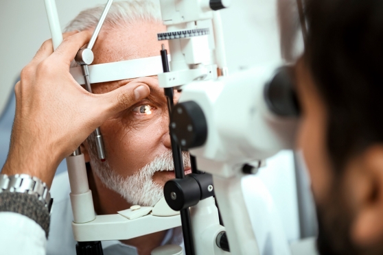 Older adult man getting eye exam for diabetic retinopathy