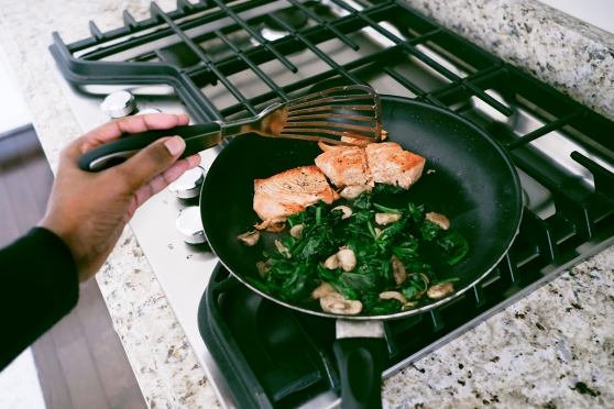 Skillet of salmon and spinach
